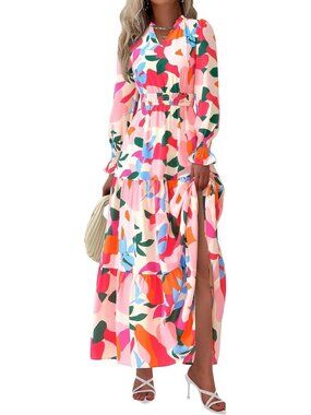 PrettyGarden Women's Floral Apricot Rose Red V Neck A Line Flowy Maxi Long Dress